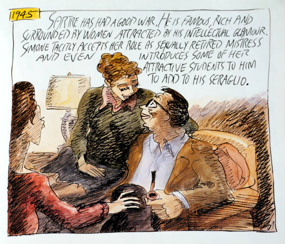 Caricature of Jean-Paul Sartre meeting other women