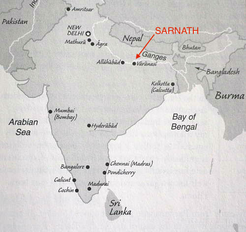 Image of a map of India pointing to Sarnath Deer Park, site of the Buddha's first sermon on the Four Noble Truths. 